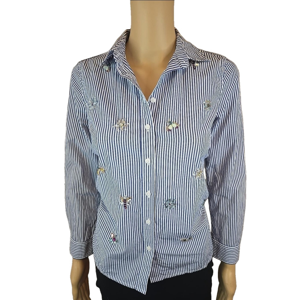 Talbots Women's Blue White Stripe Dragonfly Beaded Long Sleeve Button Down MP